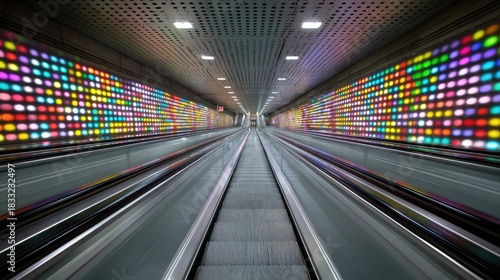 Colorful tunnel walkway with moving stairs