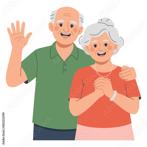 A happy elderly couple waving and smiling warmly, signifying togetherness and joy in later life.