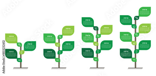 Four growing green leaf infographic timelines showing progress and development stages