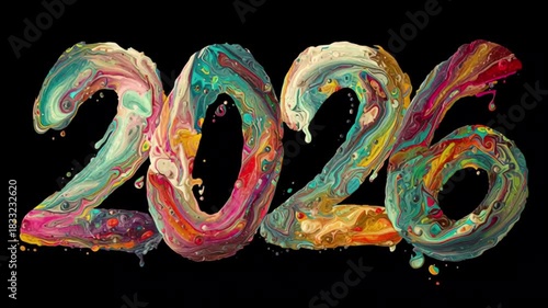 Colorful 2026 New Year Text Design Glowing Brightly on a Deep Black Background