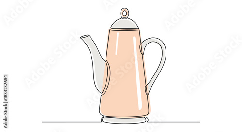 Modern tall coffee pot or kettle drawn in a simple continuous one-line style with a pink color accent.