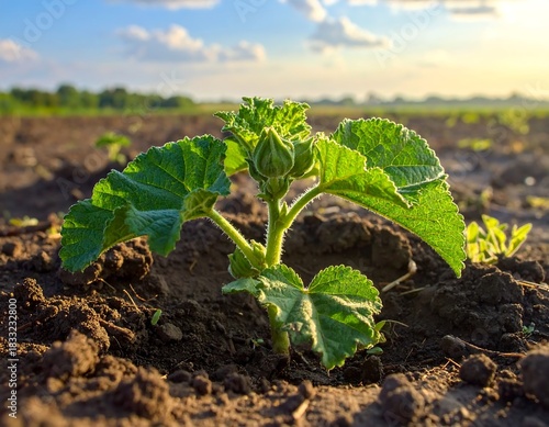 Close-up of a young squash plant growing in a field under a bright sky
