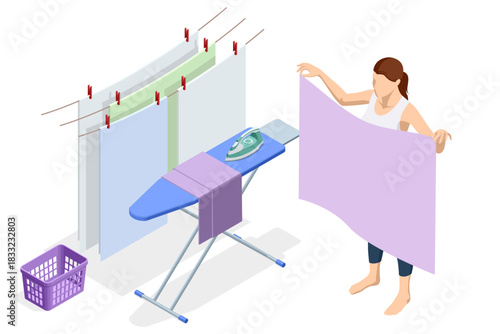Isometric illustration of a woman ironing and handling laundry near drying lines with clothes, ironing board, iron, and basket. Domestic home care and textile maintenance concept.