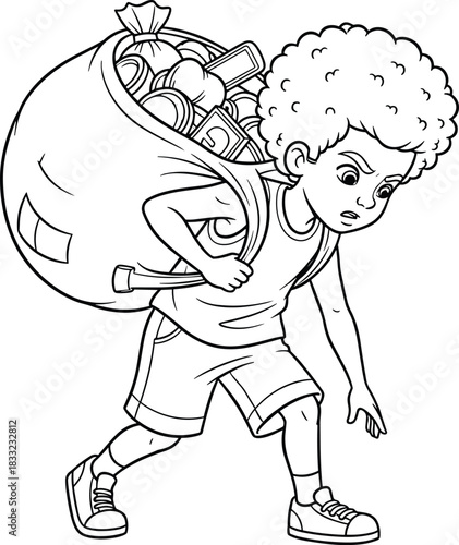 Cartoon boy carrying heavy bag, overloaded backpack illustration, struggling character concept, kids adventure artwork, humorous drawing design