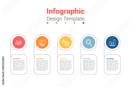 Modern infographic design template with five colorful circular icons and text placeholders