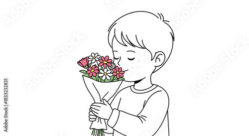 A young boy with his eyes closed smelling the sweet scent of a beautiful bouquet of flowers in a line art drawing.