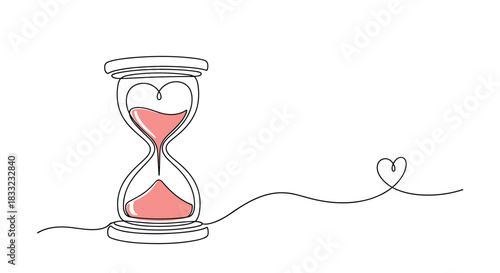 Continuous one-line drawing of an hourglass with a heart shape inside symbolizing love and the passage of time.