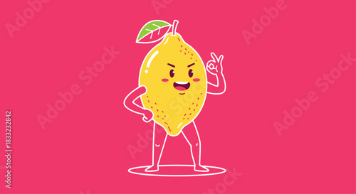 Confident cartoon lemon character with legs and arms giving an okay sign against a bright pink background.