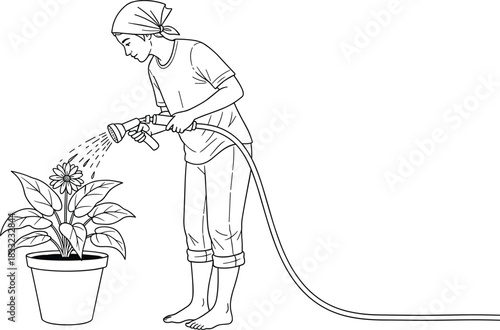 Cartoon illustration of a woman watering a potted plant with a hose, gardening activity, growth, care, outdoor nurturing