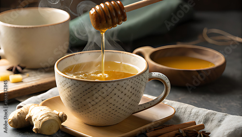 Pouring honey into a cup of ginger tea with cinnamon sticks and ginger root
