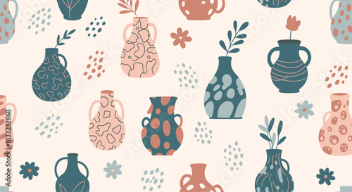 Seamless pattern with various hand-drawn ceramic vases and pots in a cozy and modern bohemian art style.