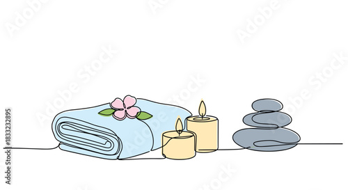 Relaxing spa scene with a folded towel lit candles and zen stones drawn in a simple continuous one-line style.