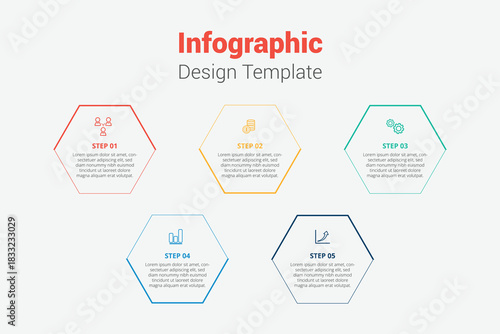 Hexagonal infographic design template with five steps and icons for presentation