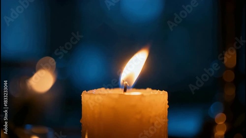Close-up of a single candle flame flickering gently in the dark with bokeh background