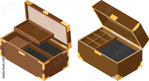 3D isometric illustration of an open wooden storage box with compartments, gold accents and empty interior tray for organization
