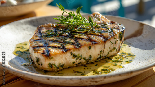 Grilled swordfish steak with char marks, lemon herb dressing, white rustic plate
