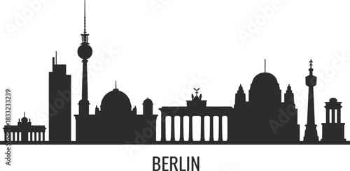 Berlin skyline silhouette featuring iconic landmarks such as Brandenburg Gate TV Tower cathedral and monuments perfect for travel design projects