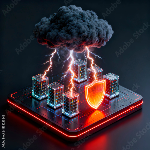 3D isometric render of cloud servers protected by a glowing holographic shield from lightning strikes, symbolizing cybersecurity, firewall defense, and data safety against cyber attacks.