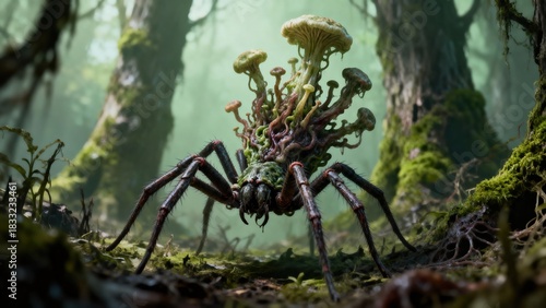 An otherworldly spider with mushroom growths in a misty forest