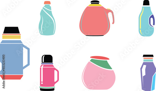 Colorful Bottle and Thermos Vector Set for Packaging and Beverage Design