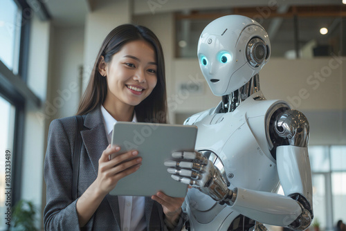 Woman and AI humanoid robot work together and collaborating while using tablet