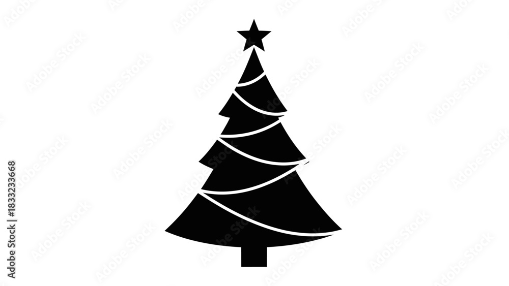 Fototapeta premium Black silhouette of a Christmas tree with a star on top, isolated on a white background.