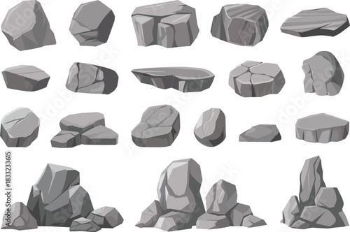 Cartoon gray rocks and stone collection, isolated boulders, natural rock shapes, landscape elements, game assets, decorative illustration set