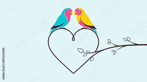 Two colorful lovebirds perched on a heart-shaped branch, symbolizing love and romance.