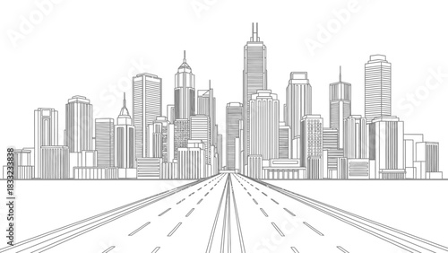 A detailed line art illustration of a modern city skyline with tall buildings and a long road leading into the urban landscape.