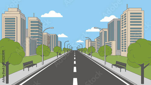A cartoon illustration of a long, straight city road with tall buildings, trees, and streetlights under a blue sky.