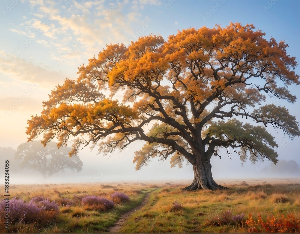 Obraz premium Majestic Oak Tree in Autumn Fog at Sunrise.