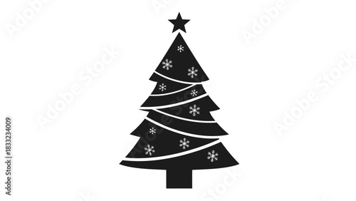 A stylized black Christmas tree silhouette adorned with white snowflakes and a star on top.