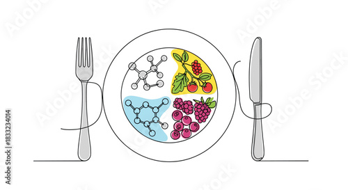 Continuous line art animation of a plate with a knife and fork depicting food portions with berries and molecular structures.