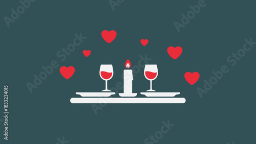 A romantic dinner setting with a lit candle, two wine glasses, and floating red hearts.