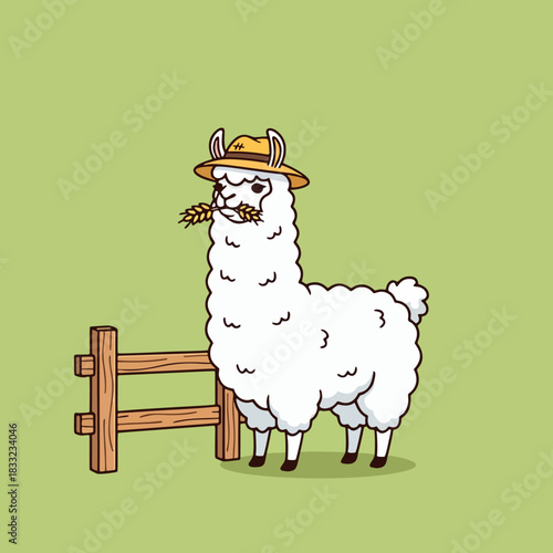 Farmer llama vector clip art chewing wheat behind wooden fence