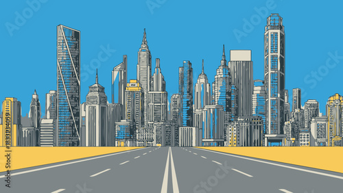 Stylized illustration of a modern city skyline with tall skyscrapers and a long, empty road leading into the urban landscape under a blue sky.