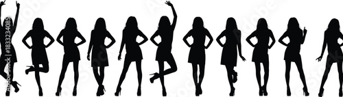 Women silhouette in dress, fashion pose, confident stance, high heels, stylish posture, black icon, minimal design, flat vector