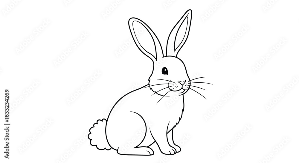 Obraz premium Simple black and white line art animation of a cute rabbit sitting upright ideal for a children's coloring book activity.