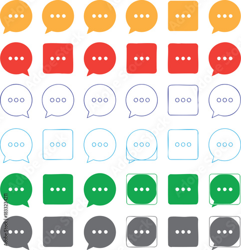 speech bubble icon set with typing dots in colorful grid layout showing communication and message concept