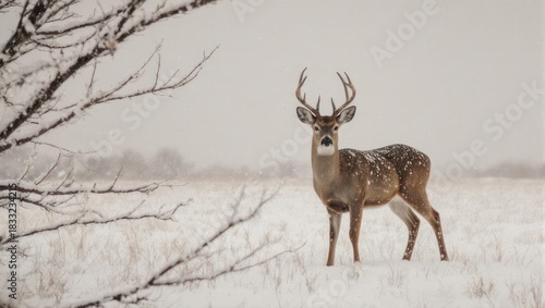 Majestic Buck Standing Proudly in a Snowy Winter Landscape.