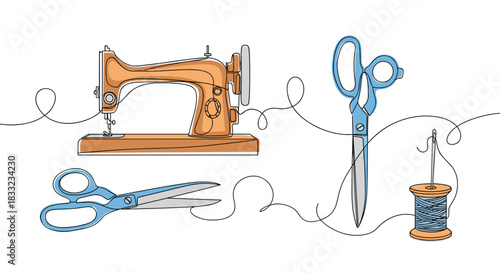Continuous single line drawing of various sewing and tailoring tools including a sewing machine scissors and a spool of thread.
