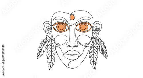 Abstract continuous one line drawing of a mysterious tribal face or mask with feather earrings and spirals in a surreal style.