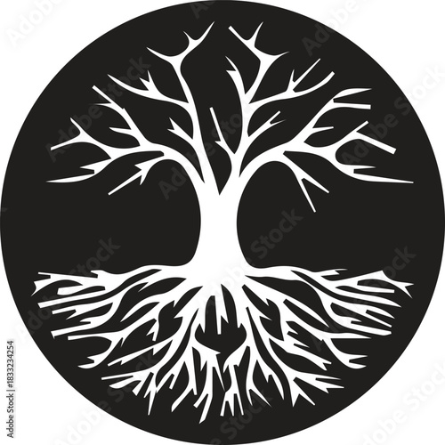 Strong interconnected tree of life symbol with roots and branches