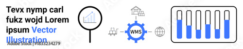 Magnifying glass over graph, gear with WMS, connected buildings, globe, bar chart. Ideal for logistics, analytics, supply chain, technology research monitoring simple landing page