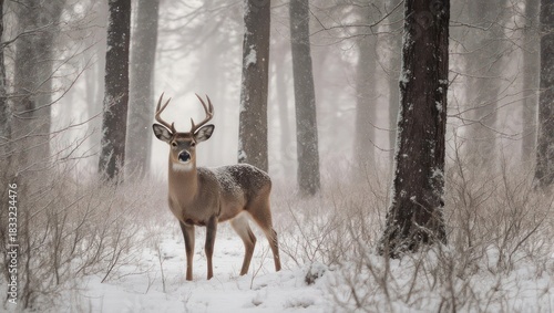 Majestic Buck Standing Tall in a Snowy Winter Forest.