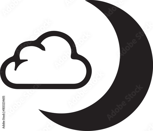 Simple black and white icon of a crescent moon partially obscured by a cloud