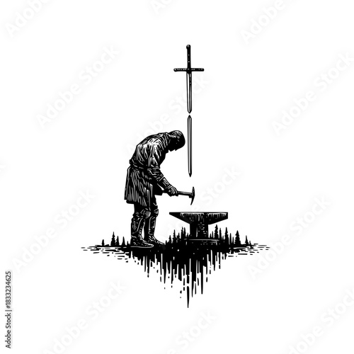 Blacksmith forging a sword with hammer on anvil in forest with sword above him is the art piece