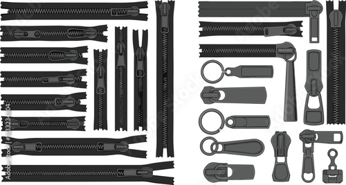Zipper and zipper pull illustration set with various styles, garment accessories collection, sewing hardware elements for clothing design and fashion projects