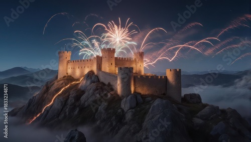 Majestic Castle Illuminated by Fireworks at Night.