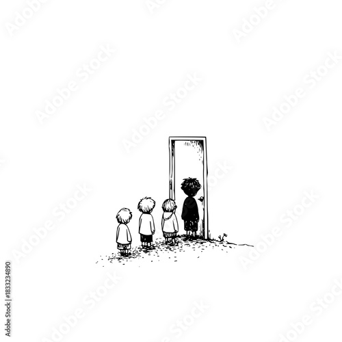 Children approaching a mysterious door with a dark figure standing inside the doorway illustration is here